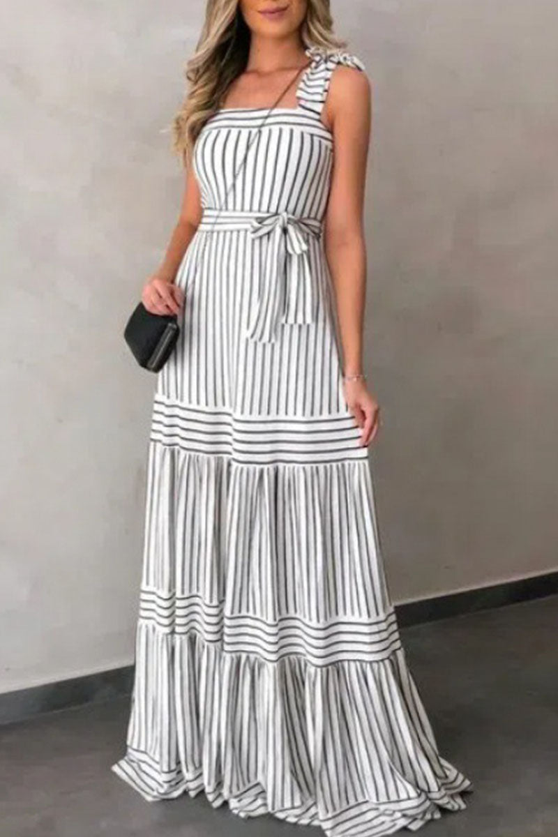 Sexy Casual Striped Bandage Patchwork Spaghetti Strap Pleated Dresses