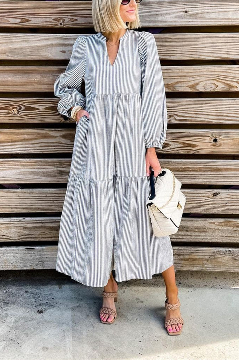 Fashion Casual Striped V Neck Long Dress Dresses