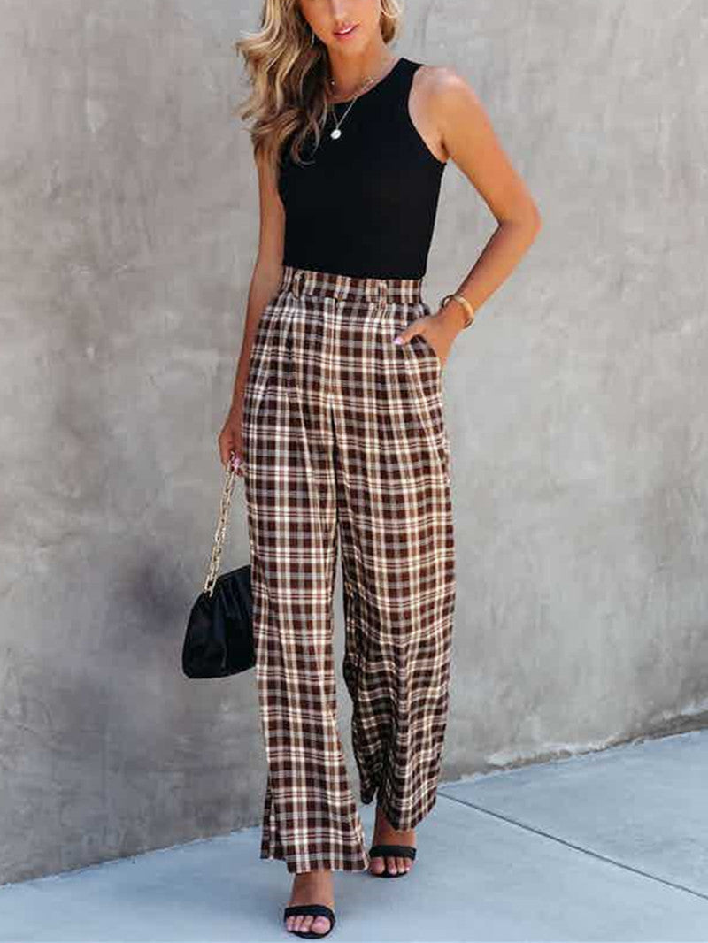 Fashion Plaid Straight High Waist Wide Leg Bottoms