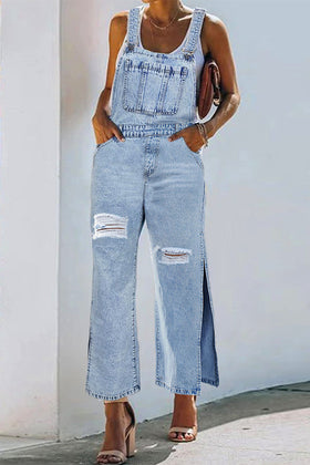 Casual Solid Ripped Patchwork Slit Spaghetti Strap Sleeveless Regular Denim Jumpsuits