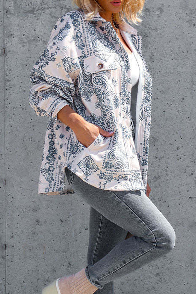 Elegant Print Buckle Shirt Collar Tops