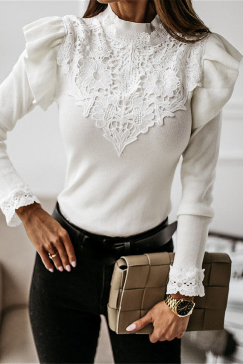 Elegant Solid Lace Half A Turtleneck Tops