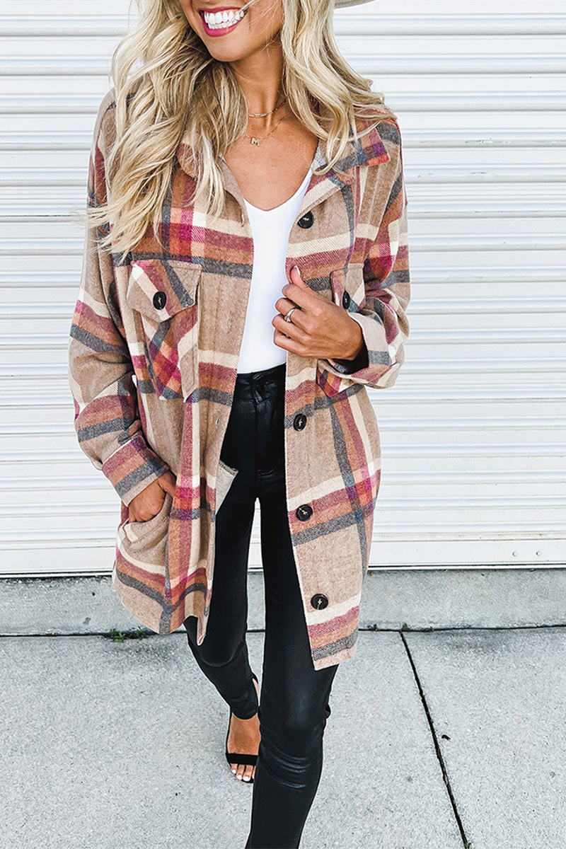 Street Plaid Patchwork Turndown Collar Tops