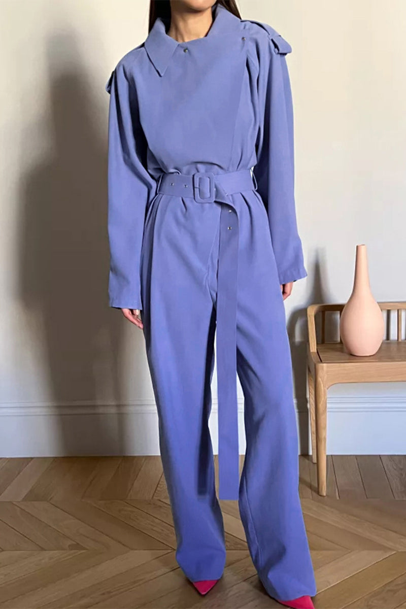 Work Solid Frenulum Turn-back Collar Regular Jumpsuits