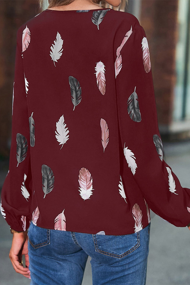 Casual Print Feathers Printing V Neck Tops(7 Colors)