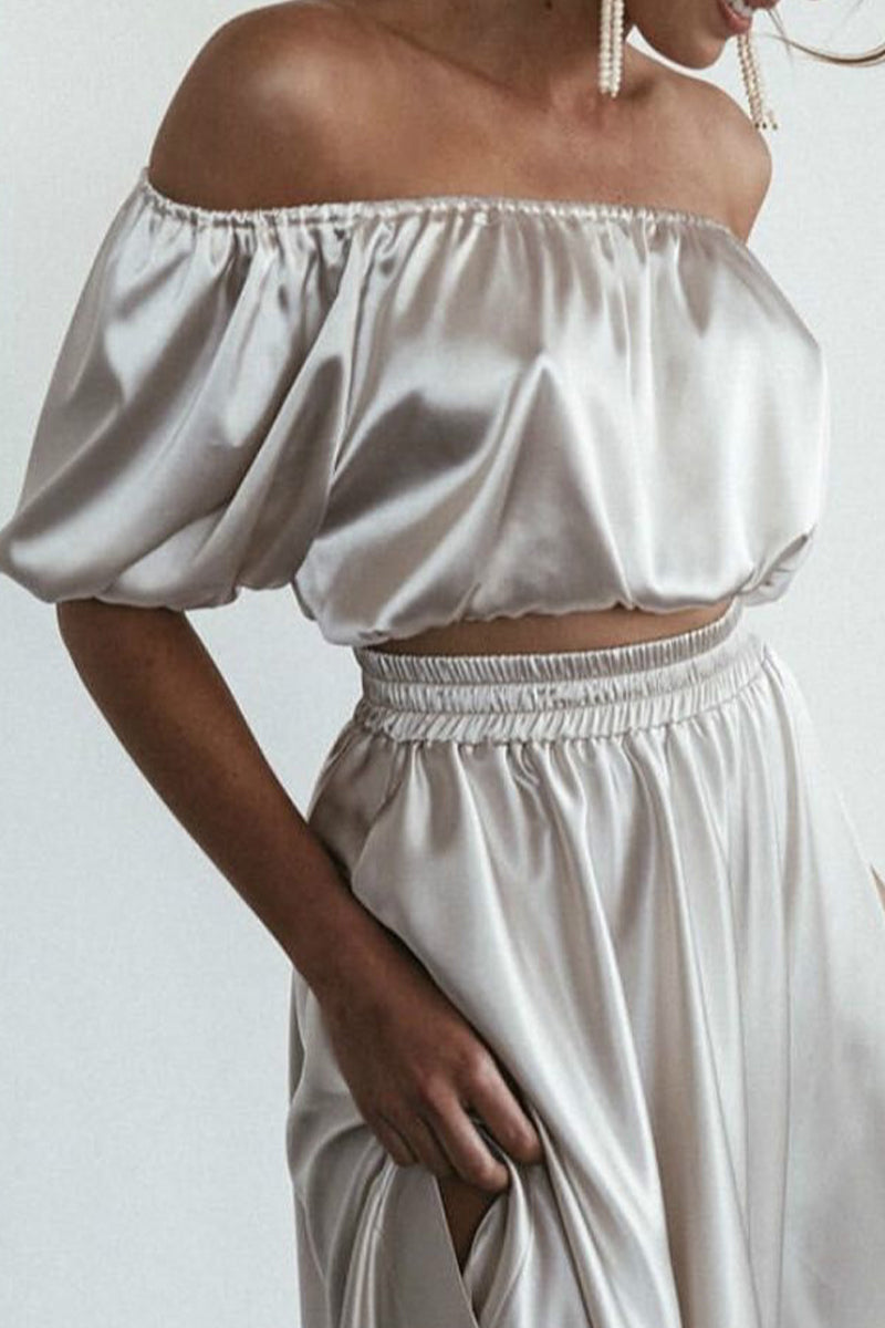 Elegant Solid Fold Asymmetrical Off the Shoulder Half Sleeve Two Pieces