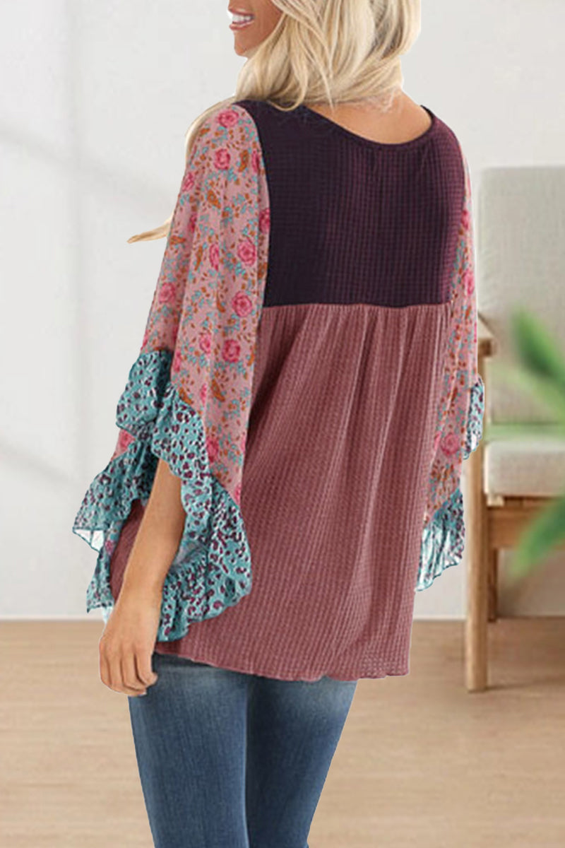 Casual Print Contrast O Neck Tops(7 Colors)