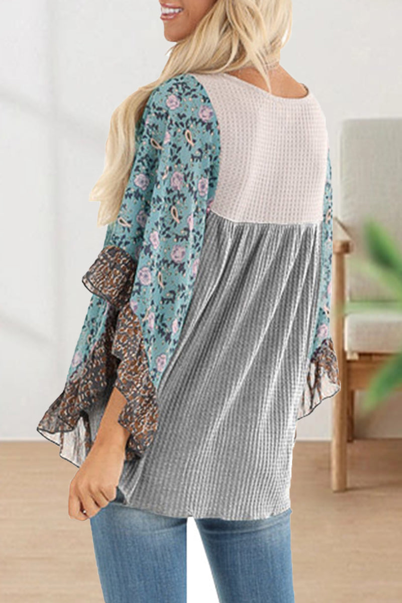 Casual Print Contrast O Neck Tops(7 Colors)