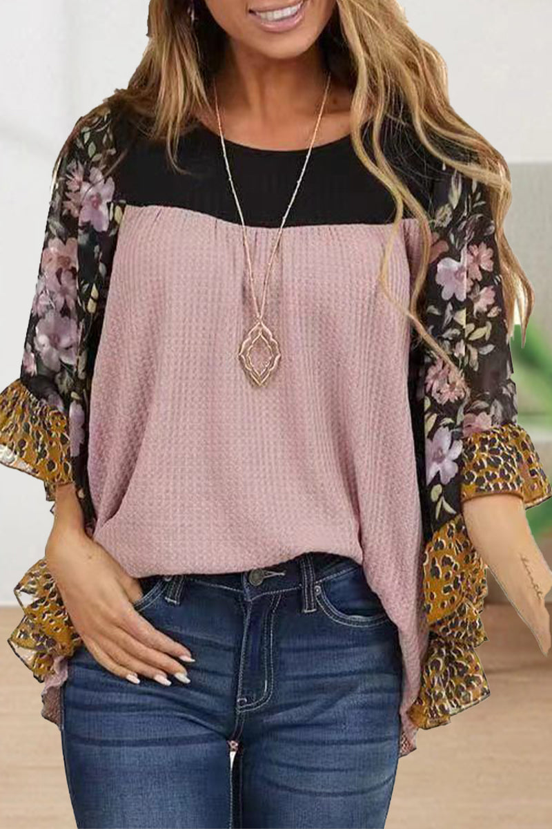 Casual Print Contrast O Neck Tops(7 Colors)