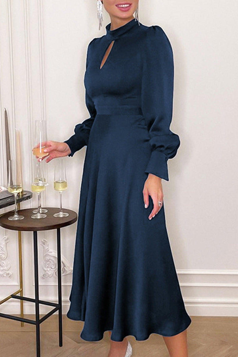 Elegant Solid Hollowed Out Turtleneck A Line Dresses