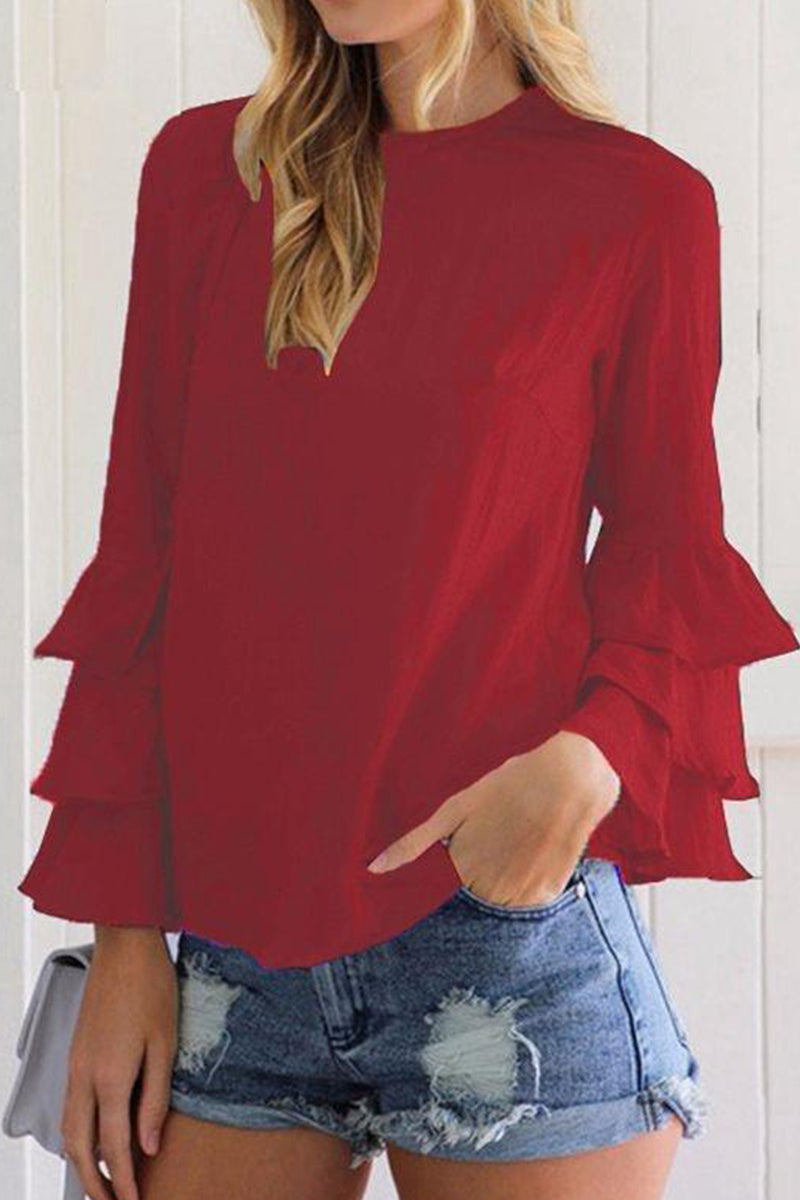 Casual Solid Flounce O Neck Tops(9 Colors)