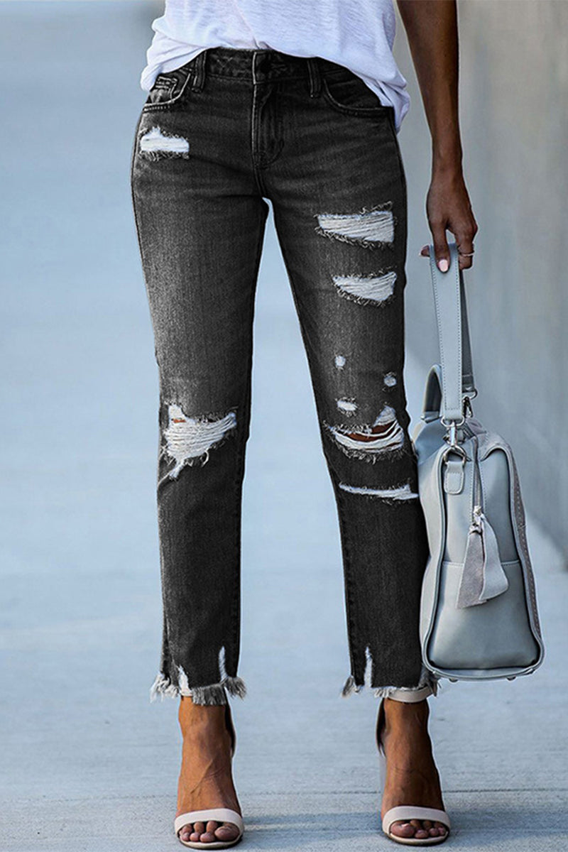 Street Solid Patchwork High Waist Skinny Denim Jeans