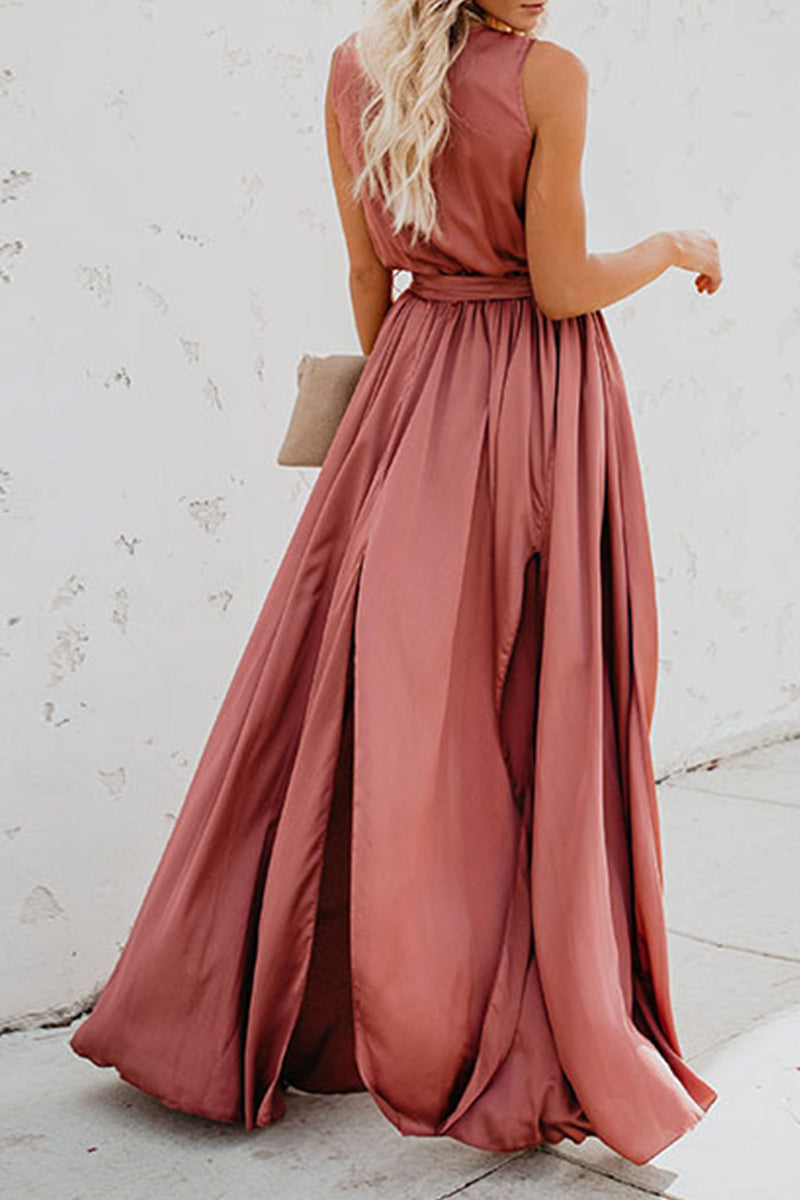 Elegant Solid High Opening V Neck Sleeveless Dress Dresses