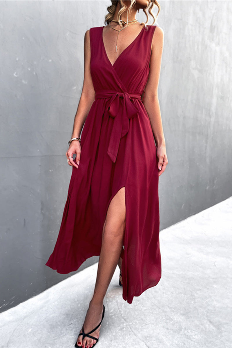 Robe Mi-Longue Sexy Fendue Col V Couleur Unie