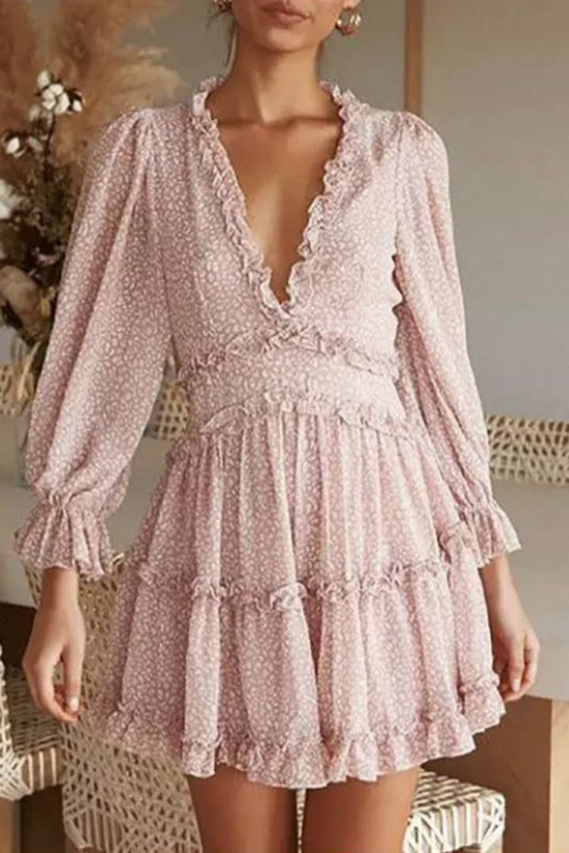 Mini Robe Col V Impression Douce Manches Longues