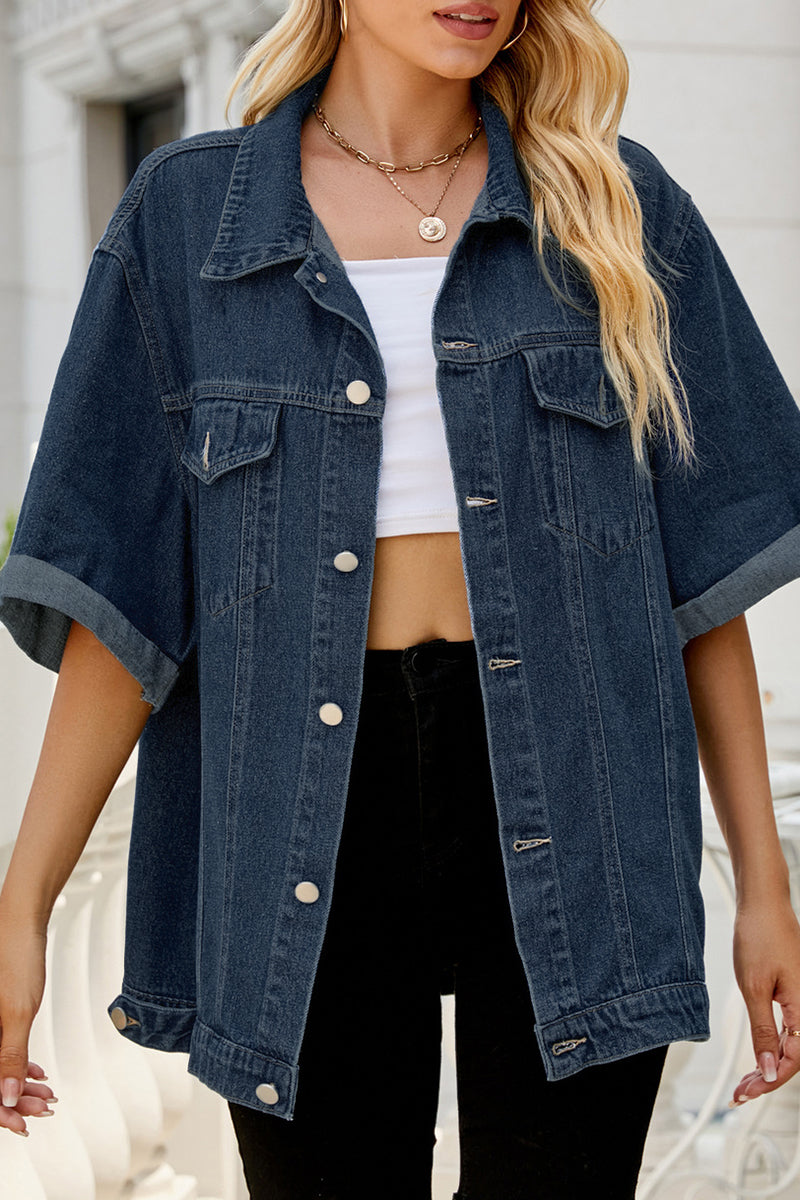 Street Solid Pocket Turndown Collar Half Sleeve Loose Denim Jacket