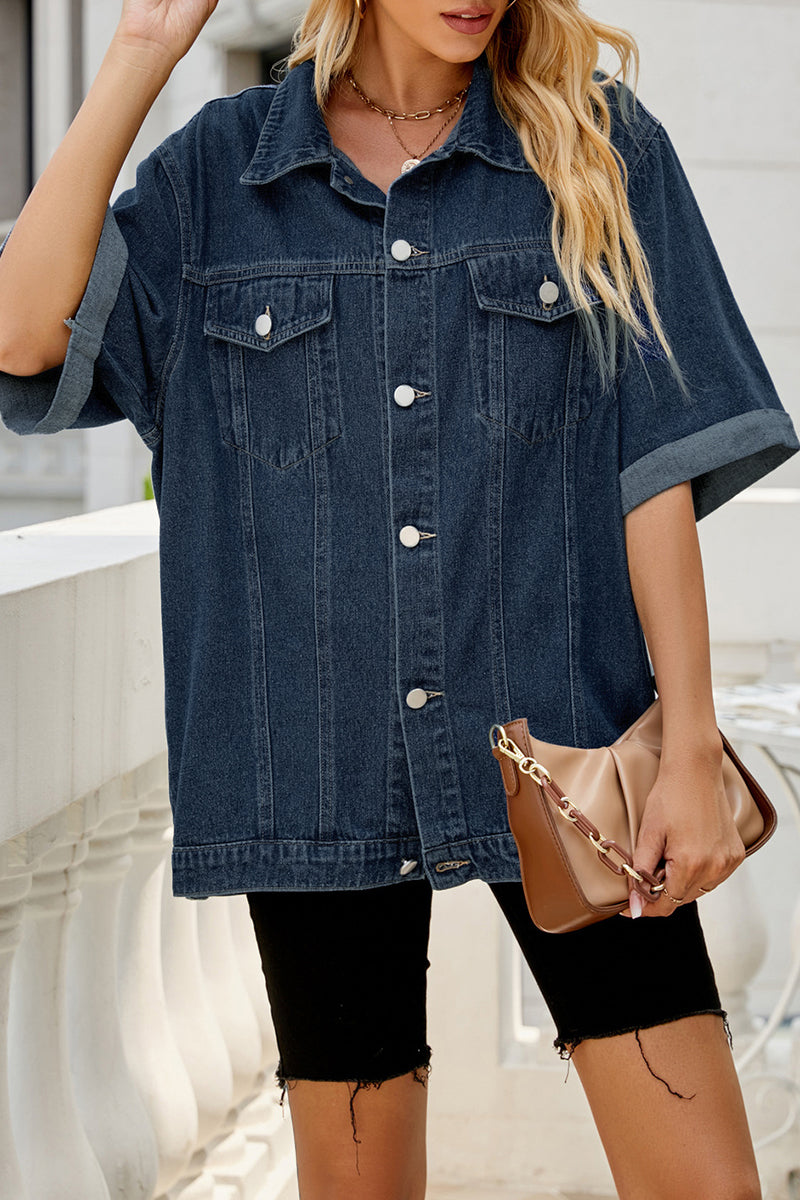 Street Solid Pocket Turndown Collar Half Sleeve Loose Denim Jacket