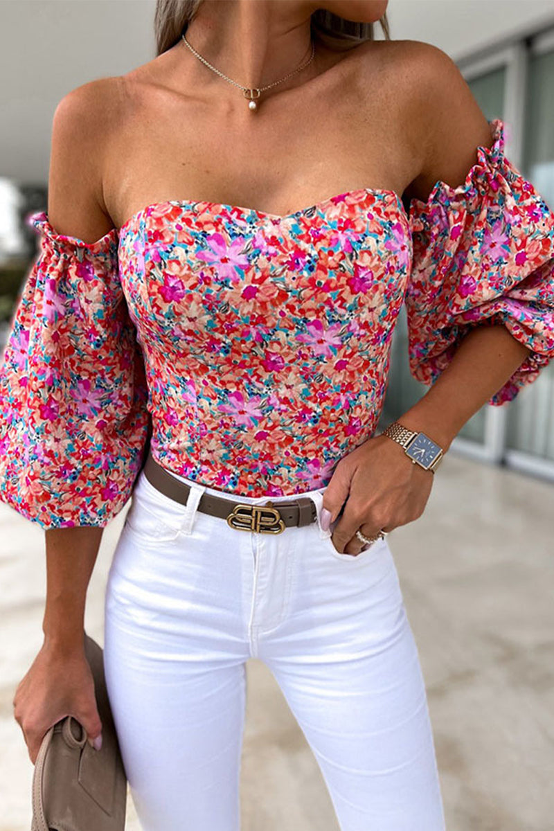 Sweet Elegant Print Printing Off the Shoulder Tops