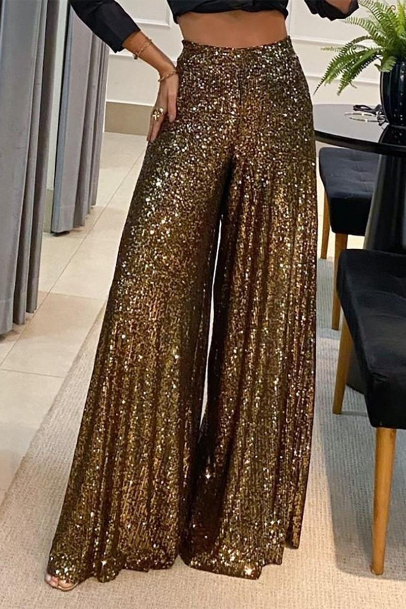 Casual Solid Sequins Loose Mid Waist Wide Leg Solid Color Bottoms(3 Colors)