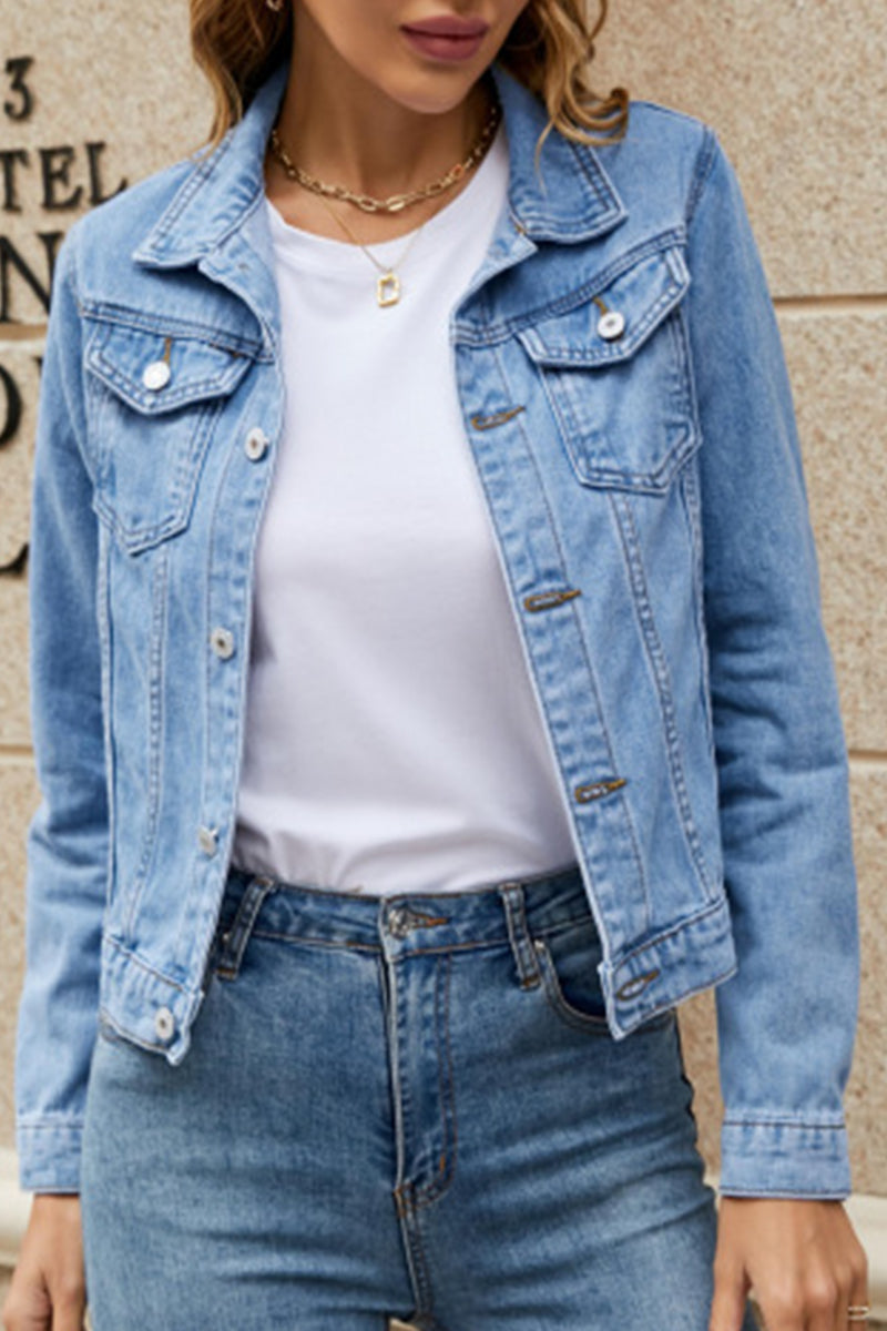 Street Elegant Solid Pocket Turndown Collar Long Sleeve Regular Denim Jacket