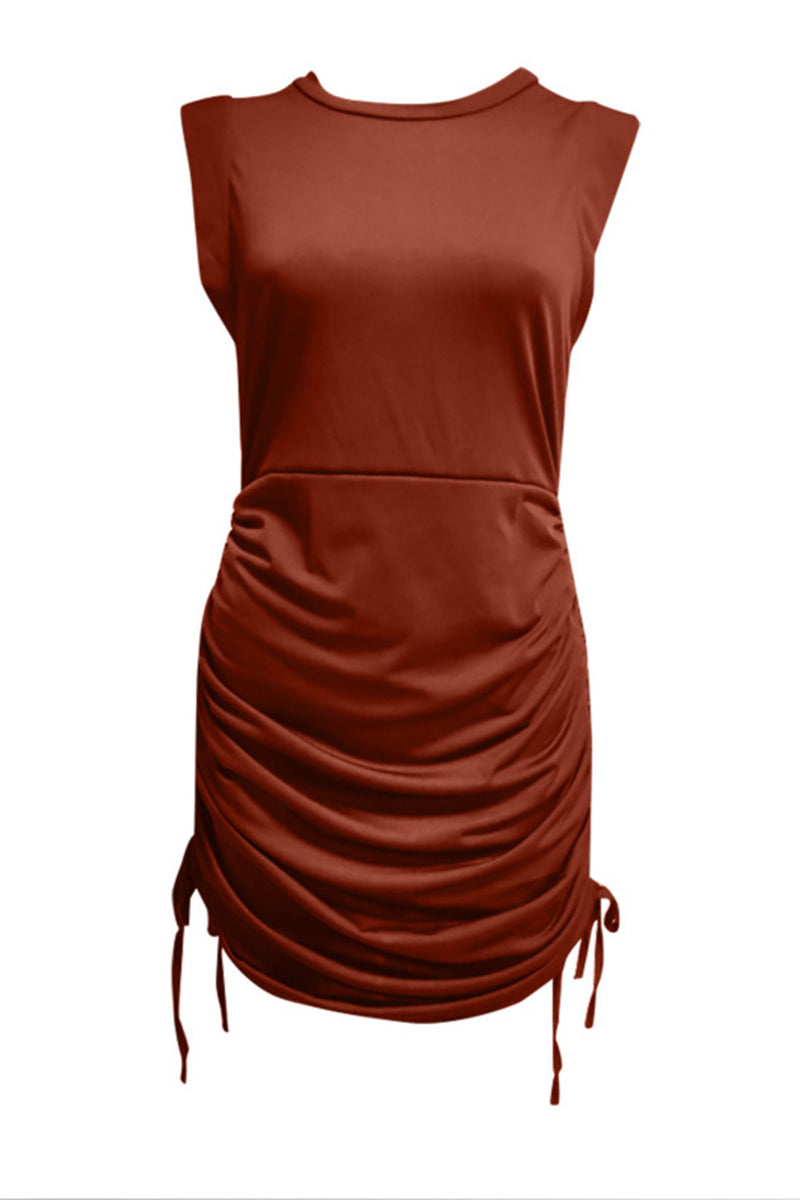 Work Solid Draw String Solid Color O Neck A Line Dresses(3 Colors)