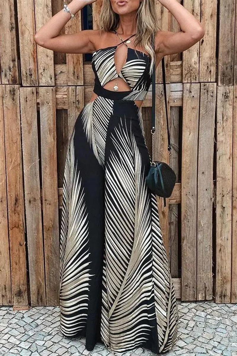 Sexy Vacation Print Frenulum Halter Loose Jumpsuits