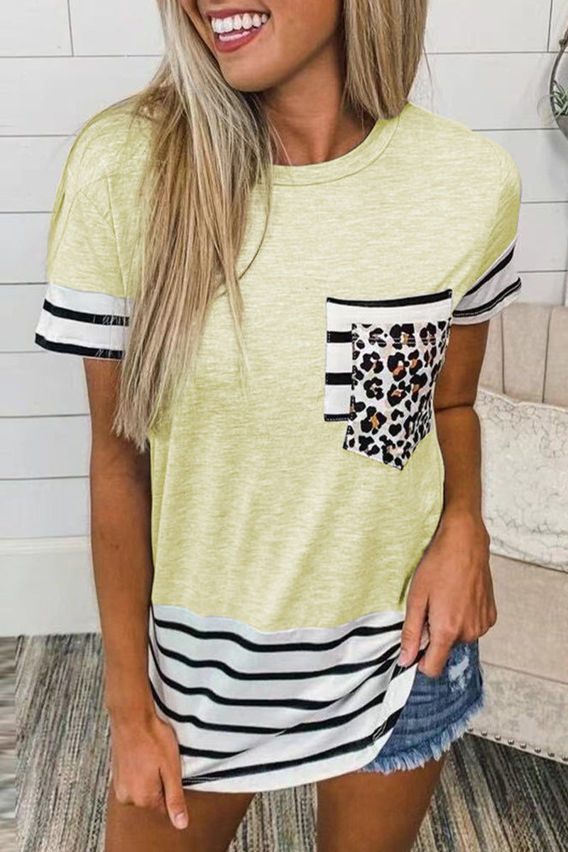 Casual Striped Leopard Patchwork Pocket T-Shirts(10 Colors)