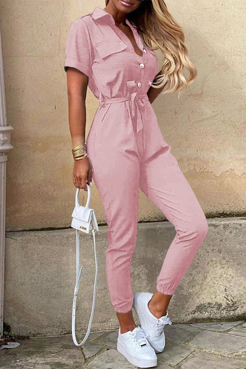 Casual Daily Solid Frenulum With Belt Turndown Collar Regular Jumpsuits