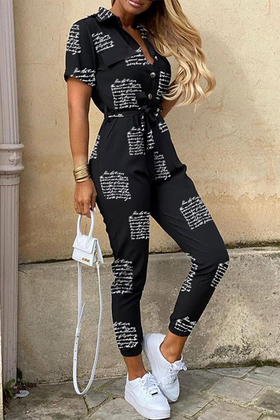 Casual Print Patchwork Turndown Collar Regular Jumpsuits