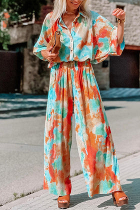 Bohemian Tie Dye Patchwork Turndown Collar Loose Jumpsuits