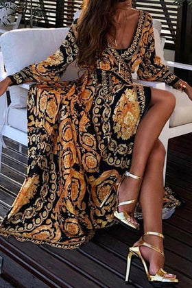 Bohemian Print Patchwork With Belt V Neck Printed Dress Dresses