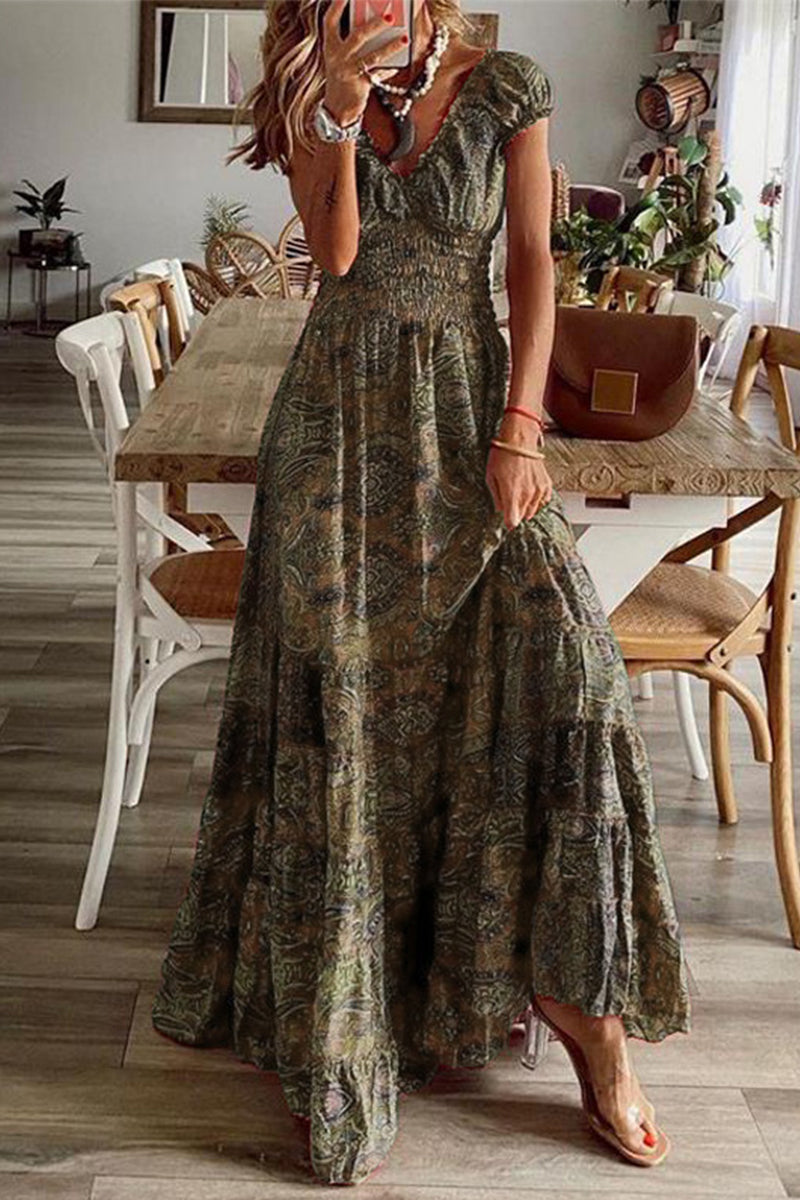 Bohemian College Print Fold V Neck A Line Dresses