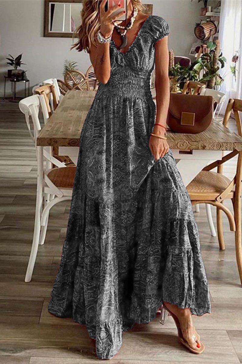 Bohemian College Print Fold V Neck A Line Dresses