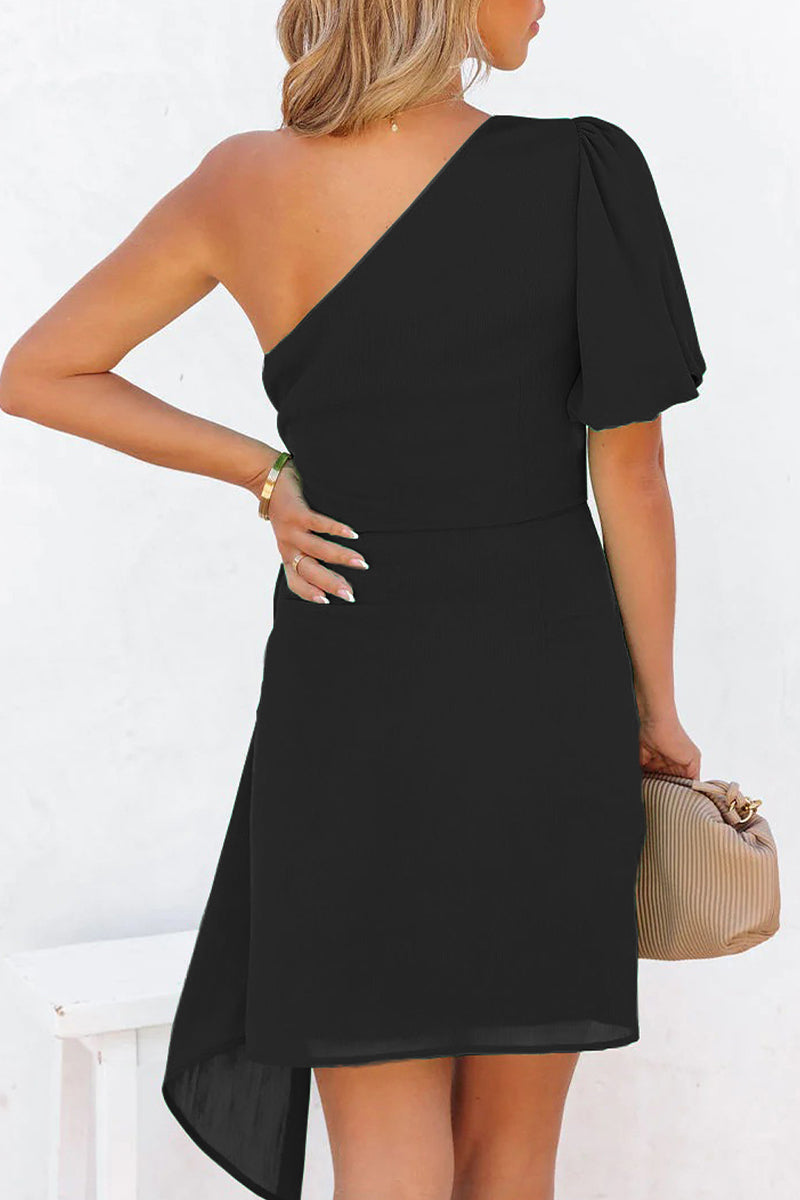 Elegant Solid Bandage Asymmetrical Oblique Collar Irregular Dress Dresses