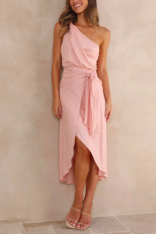 One Shoulder Tie Waist Wrapped Midi Dress