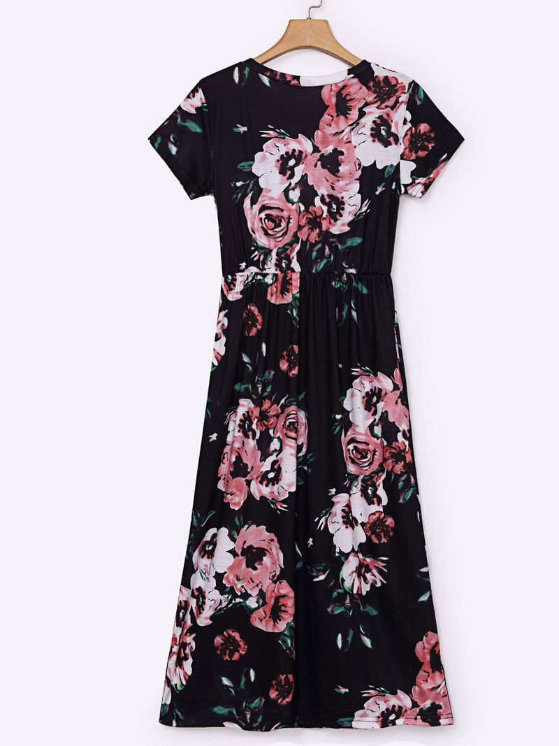 Robe à Imprimé Floral Col Rond