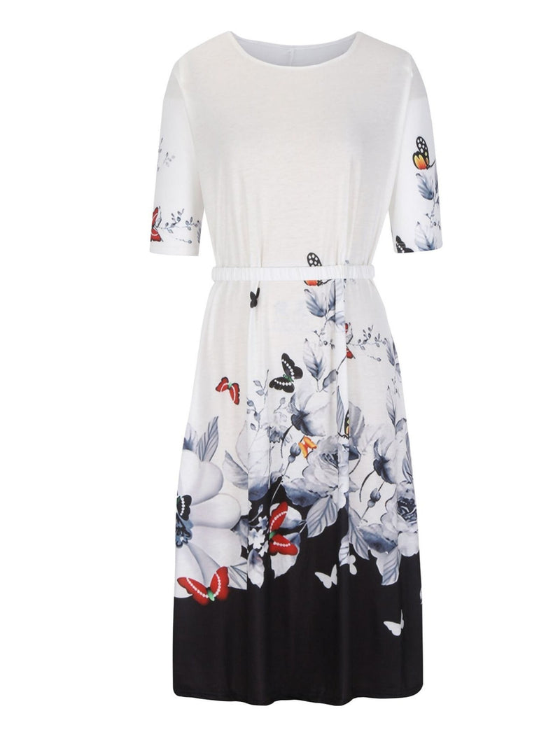 Robe Mi-Longue Décontractée Imprimé Floral Col Rond