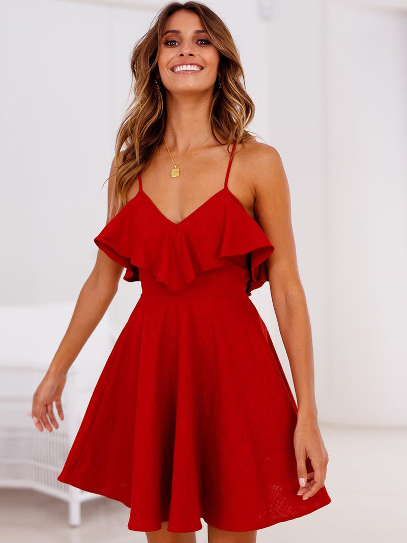 Mini Robe à Bretelles Dos Nu Rouge - CA Mode