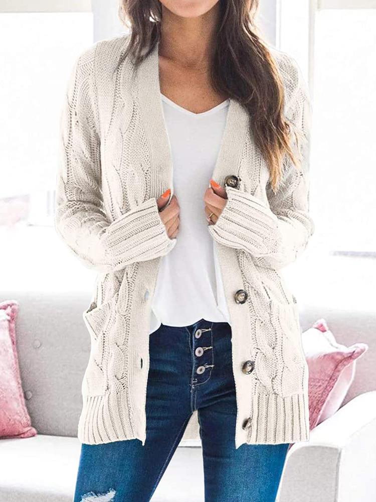 Cardigan en Tricot Unie avec Boutons Torsadés et Poches