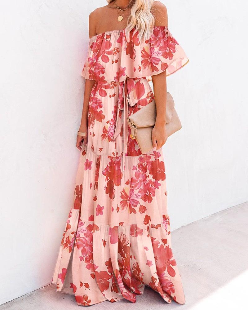 Off Shoulder Chiffon Tie Waist Floral Long Maxi Dress