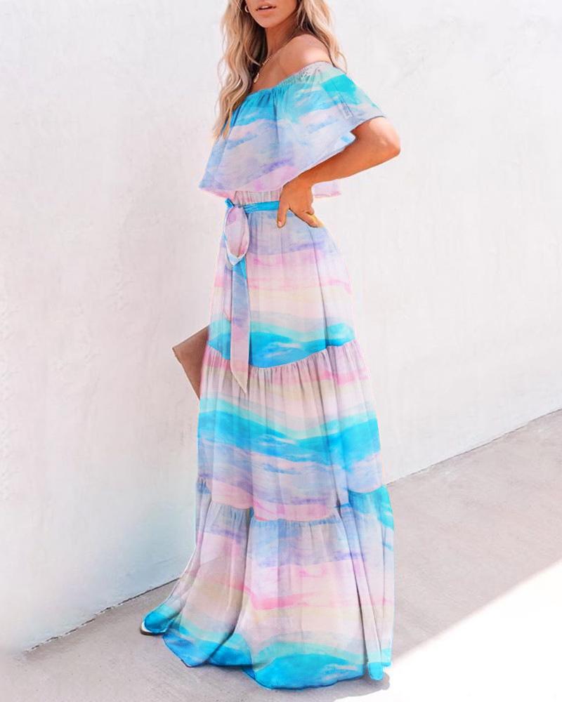 Off Shoulder Chiffon Tie Waist Floral Long Maxi Dress