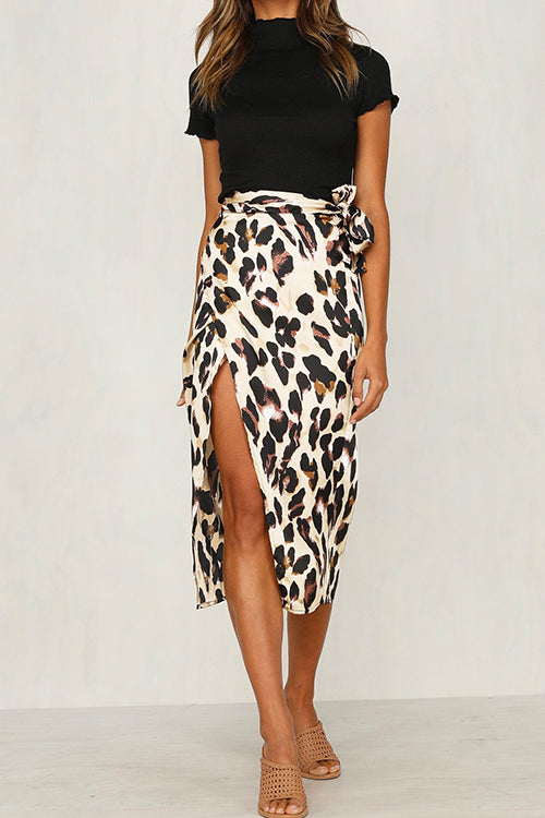 Knot Waist Slit Midi Leopard Skirt