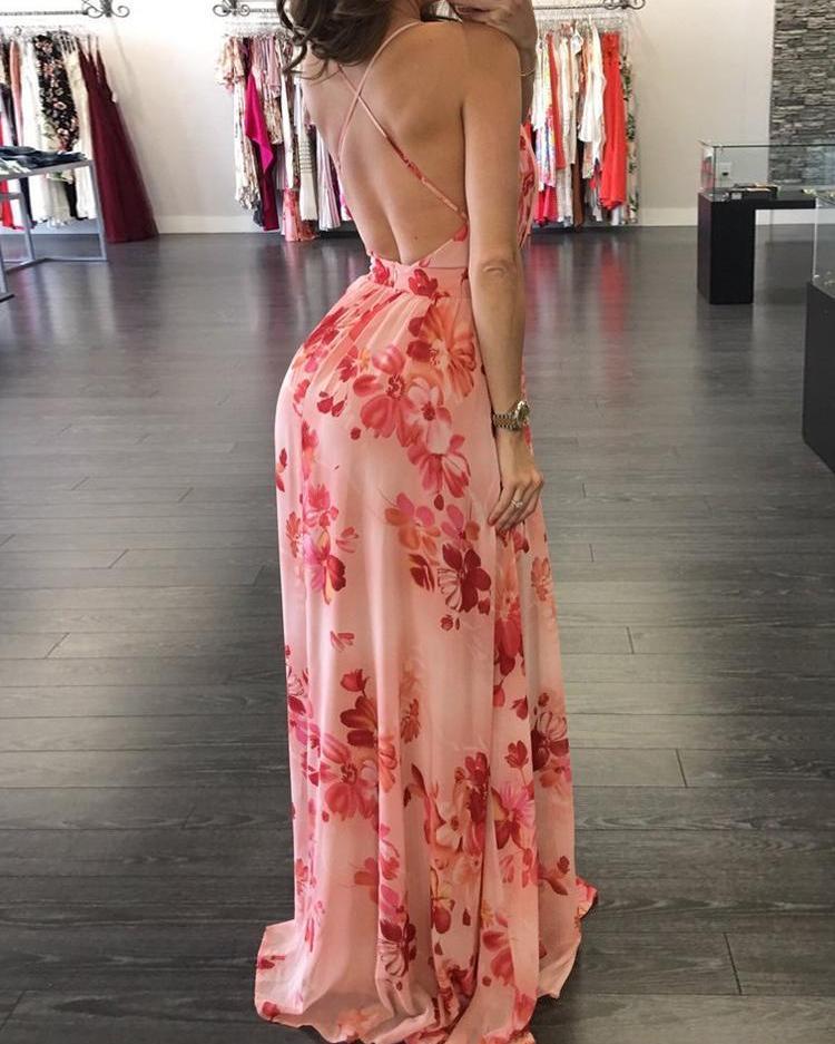 Robe Longue Plissée Dos Nu Imprimé Floral