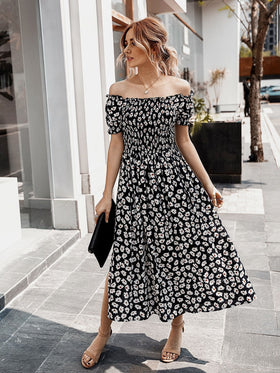 Robe Midi Floral Évasée à Épaules Dénudées