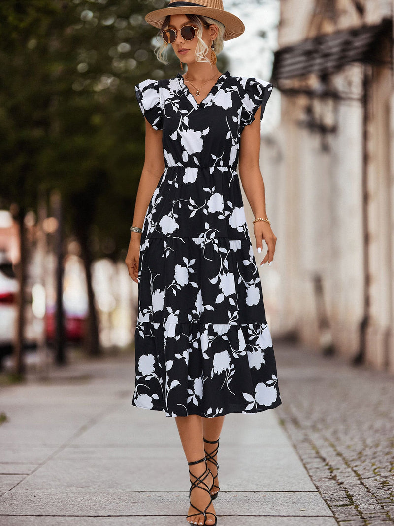 Elegant V-Neck Ruffle Short Sleeve Printed Midi Dress