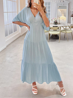 Elegant V-Neck Short Sleeve Solid Flared Maxi Dress