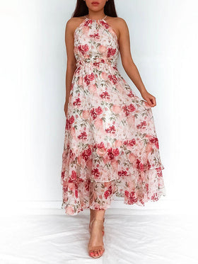 Longue Robe Imprimée Floral Col Rond Sans Manches