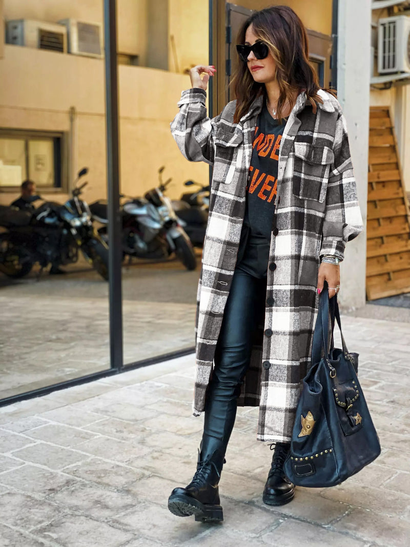 Casual Long Sleeve Loose Button Down Long Plaid Outerwear