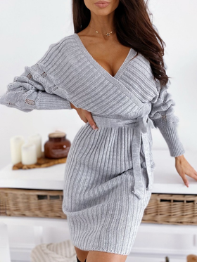 Robe Pull en Tricot Manches Longues Col en V Croisé