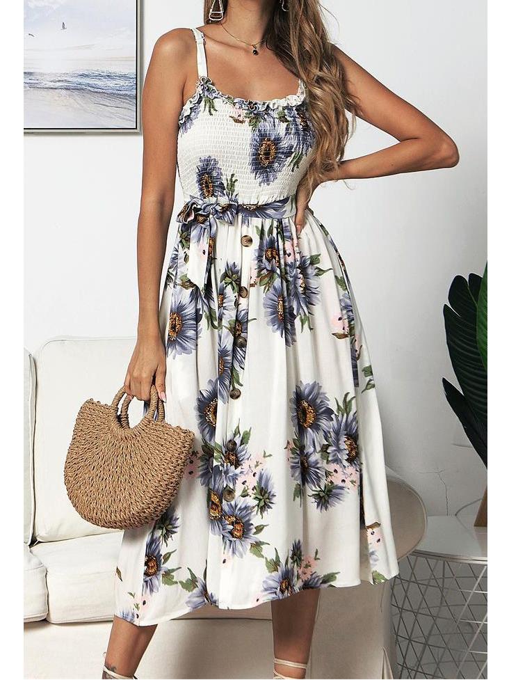 Robe Midi Floral Bretelles Spaghetti Noué Côté Bohème